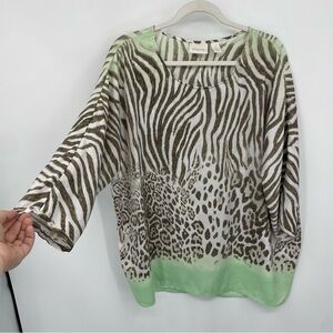 CHICO'S 3 (US XL) Zebra Leopard Animal Print Top brown green 3/4 sleeve